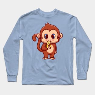 Cute Monkey Eating Banana Cartoon Long Sleeve T-Shirt